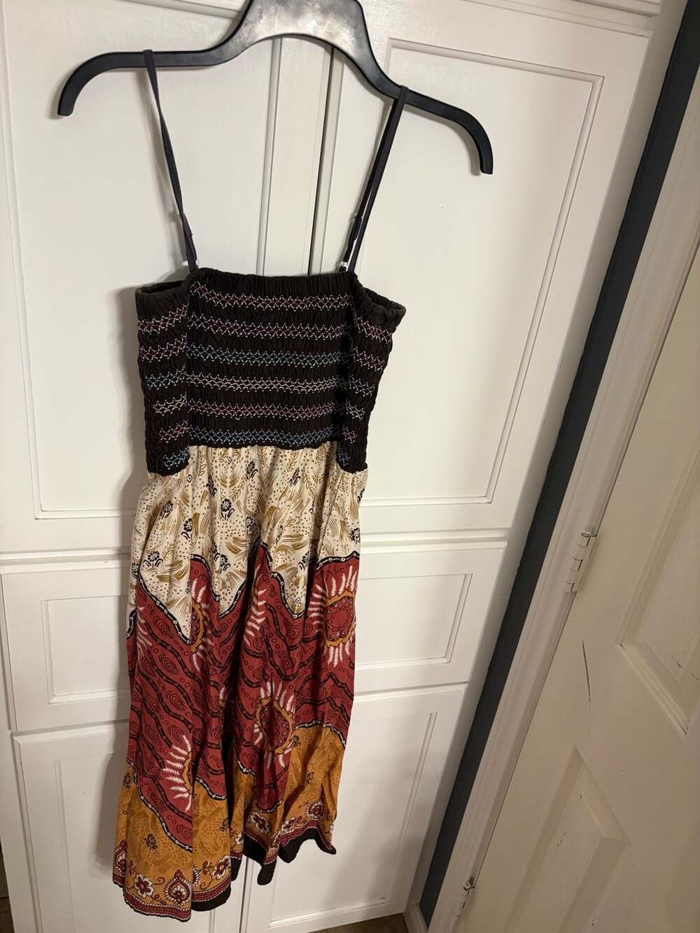 Pink Apple Smocked Bodice Boho Print Midi Dress Size M